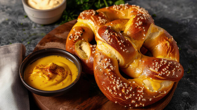 A homemade jumbo pretzel with beer cheese and mustard dipping sauces.