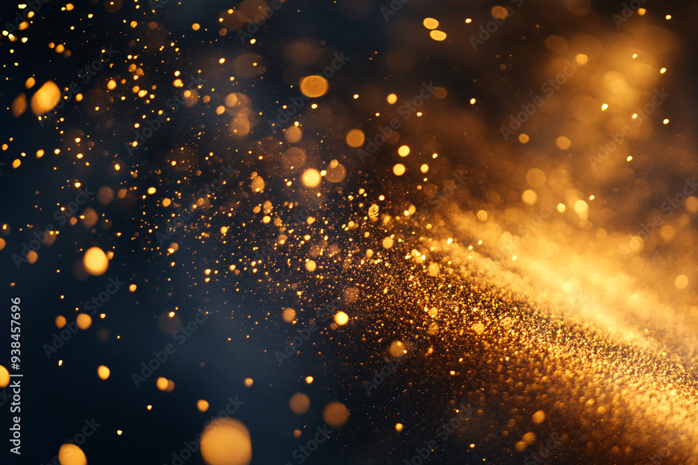 Poster abstract golden glittering particles floating against a dark background creating a festive and magic