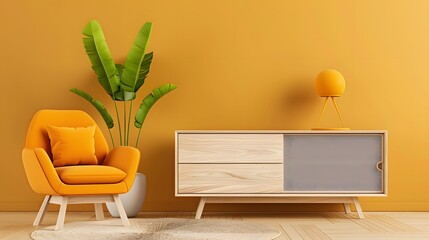 Modern Beige Room with Mockup Frame and Wooden Furniture, 3D Render Interior Design Concept