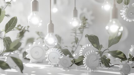 Green leaves and white cogs with light bulbs.