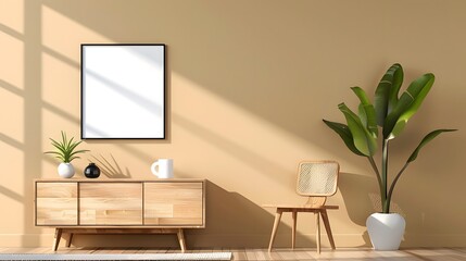 Minimalist Beige Room Interior with Mockup Frame on Wall, Natural Wooden Furniture 3D Render