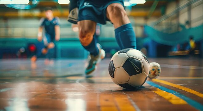 A futsal player dribbles a soccer ball on a polished indoor court. The player's legs and the ball are sharp, with other players blurred behind them