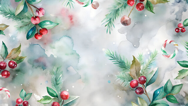 Festive Christmas Watercolor Background with Berries and Pine Needles with Copy Space