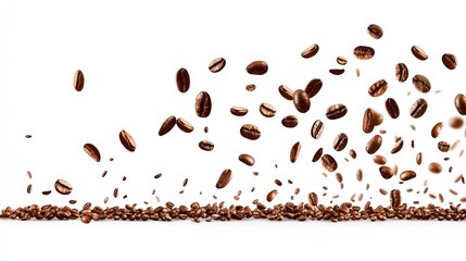 Coffee beans falling and laying on a white surface.