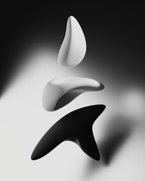 Dise&ntilde;o 3D de una escultura abstracta con tres elementos principales de formas suaves y fluidas suspendidos sobre un fondo degradado claro oscuro. 