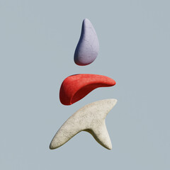 Diseño 3D de tres formas abstractas con textura rocosa suspendidas sobre un cielo azul claro. 