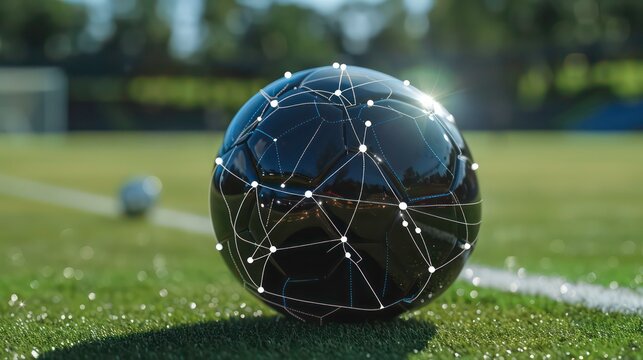 Black soccer ball with white lines and dots on a green field, sunlight shining through the lines.