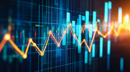 Abstract financial chart with bright orange line graph and futuristic digital interface
