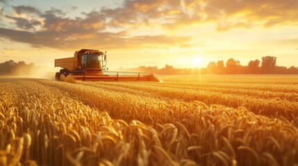 Combine harvests wheat in sunshine