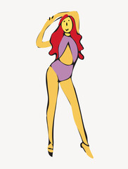 Graphic Woman in Purple Swimsuit, colorful, stylized, retro, vector art, cartoon character, female figure with long red hair, wearing purple bodysuit, yellow high heels, confident pose