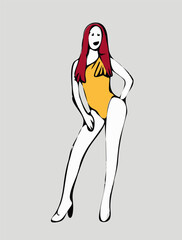 Playful Yellow Swimsuit Minimalist Fashion Illustration, A woman with long dark hair wearing a vibrant yellow dress, simple elegant style, clean minimalist illustration, flat colors, bold outlines