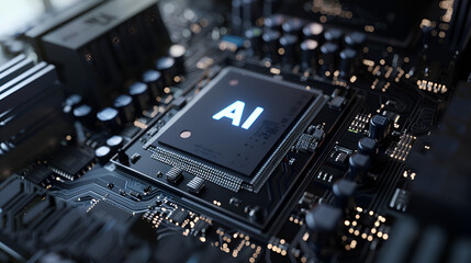 Fototapeta premium A detailed close-up of a computer motherboard, focusing on a central microchip prominently labeled 