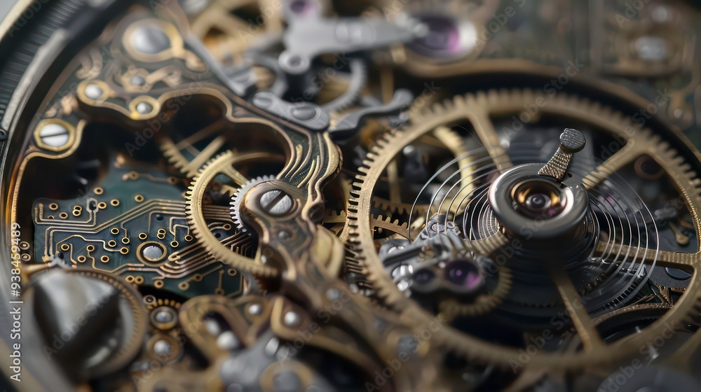 Poster close-up of intricate clockwork gears and a spring.