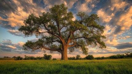 Fototapeta premium Ancient Majesty at Twilight: A solitary oak, its branches reaching for the heavens, stands sentinel in a vast field as the sky erupts in hues of orange and purple during a breathtaking sunset. 