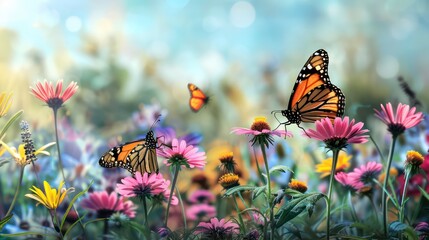 Three butterflies perched on pink wildflowers in a meadow.