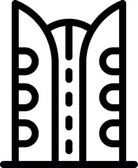 Simple black and white icon of a futuristic skyscraper with a central road