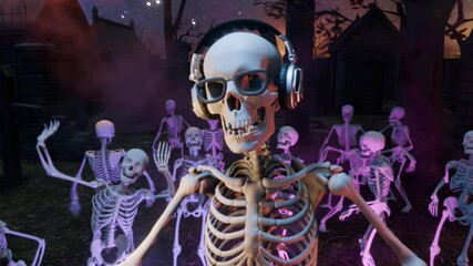 Halloween party. Skeleton DJ at the mixing console surrounded by dancing skeletons.