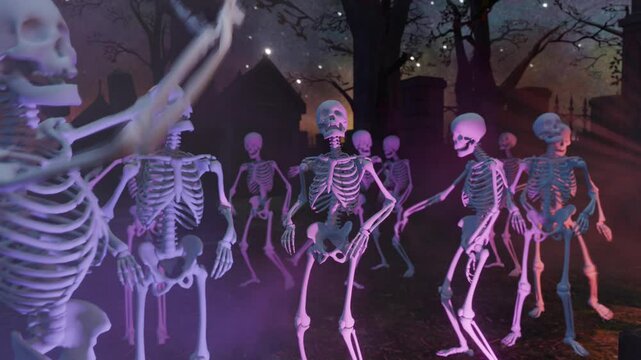 Halloween party. Funny skeletons dancing in the moonlight in a scary gothic graveyard.
3D animated background for greeting cards, invitations, posters, holiday events, parties.