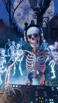 Halloween party. Skeleton DJ at the mixing console surrounded by dancing skeletons.