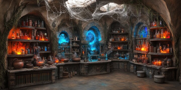 Mystical and enchanting medieval alchemy lab with glowing potion bottles, ancient manuscripts, and magical artifacts on stone shelves