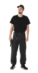 Fototapeta premium Young bodyguard with gun isolated on white