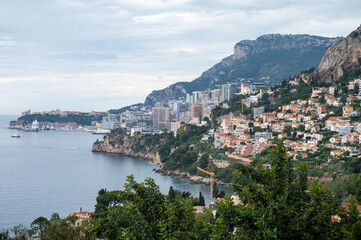 Morning view on houses and harbour of Monte-Carlo town in Monaco principality