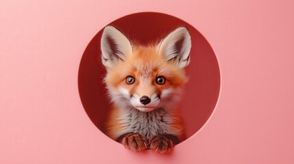 Obraz premium A cute red fox peeks its head out of a pink circle hole.