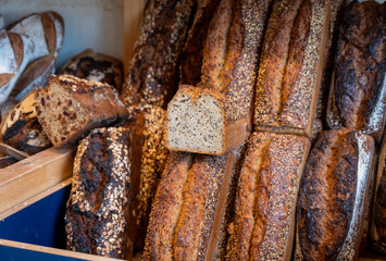 French artisan bakery in Bordeaux, rye and wheat bread and baguettes, France, french food