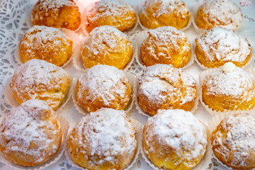 Chouquettes or petits choux are small pieces of French patisserie consisting of small spheres of choux pastry, sugared and baked, Bordeaux, France