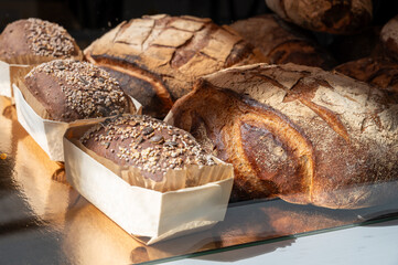 French artisan bakery in Bordeaux, rye and wheat bread and baguettes, France, french food