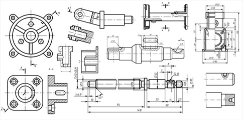Vector engineering drawing of steel mechanical 
parts with through holes. 
Industrial cad scheme on white paper sheet. 
Technology background.