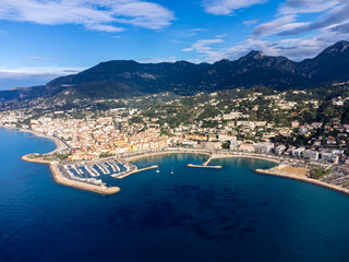 Aerial view on French Riviera, colorful Menton old city and marina on Mediterranean Sea near...