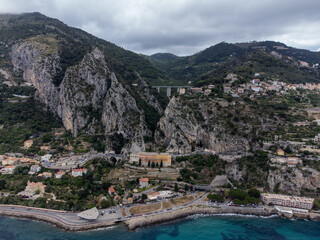 Aerial view on Italian Riviera and Mediterranean Sea from French-Italian border in Grimaldi...