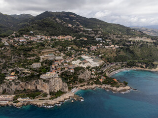 Aerial view on Italian Riviera and Mediterranean Sea from French-Italian border in Grimaldi...