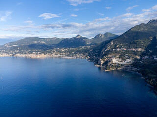 Aerial view on French Riviera, Menton and Mediterranean Sea as seen from French-Italian border in...