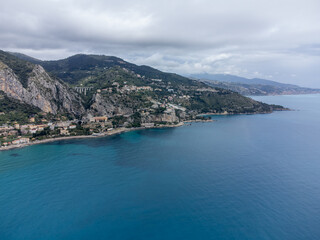 Obraz premium Aerial view on Italian Riviera and Mediterranean Sea from French-Italian border in Grimaldi village, Ventimiglia near San-Remo, travel destination, panoramic view from above