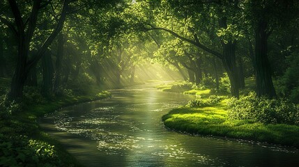 Tranquil river winding through a dense woodland rendered in ultra HD for stunning nature-themed backgrounds