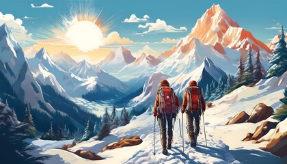 Alpine Mountain Adventure - A pixel art adventure scene set in a high-altitude alpine environment with climbers. Graphic art illustration poster