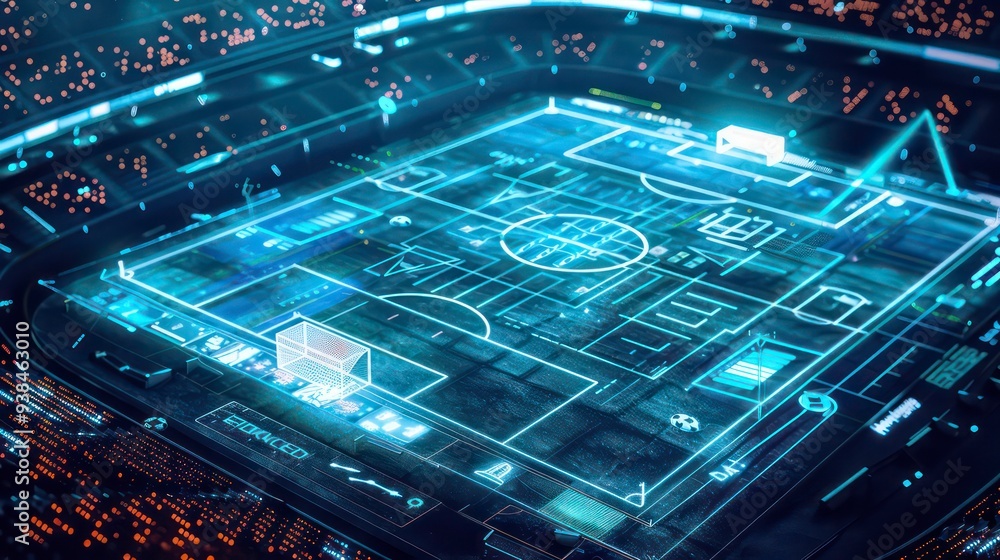 Poster futuristic stadium with glowing soccer field with the overlay of data and digital graphics.