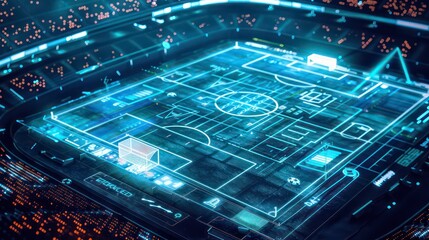 Futuristic Stadium with glowing soccer field with the overlay of data and digital graphics.