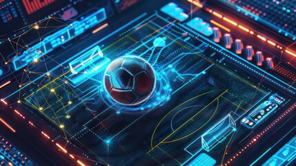 Futuristic Soccer Ball in a Digital Network.