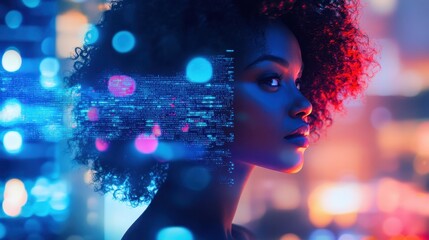 Black woman immersed in complex virtual streams for threat analysis