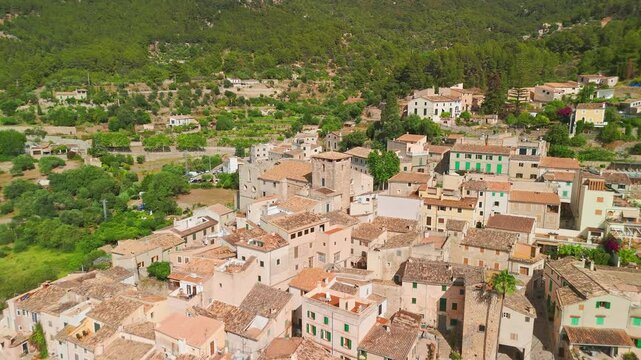 Aerial view of the picturesque Spanish town Estellencs, Mallorca, Spain. 