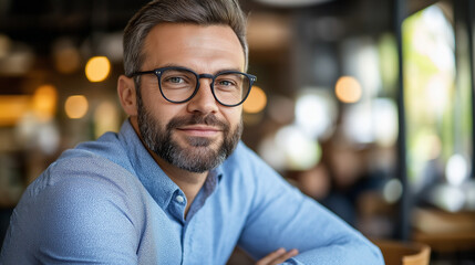 Fototapeta premium Confident Gaze: A portrait of a handsome man with glasses and a beard, exuding confidence and approachability in a warm, inviting cafe setting.