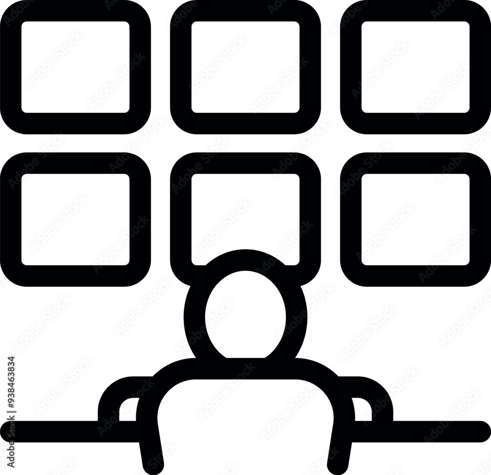 Poster simple, bold line icon of an office worker sitting at their desk looking at multiple computer screen
