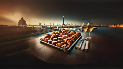 Indulge in a gourmet selection of French pastries like croissants and macarons, set against the stunning backdrop of the Eiffel Tower. A true celebration of Parisian elegance and culinary art 
