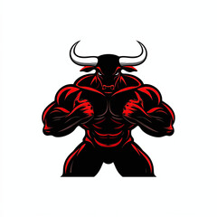 Minimalist logo of a strong bull bodybuilder striking a double biceps pose, isolated on white background