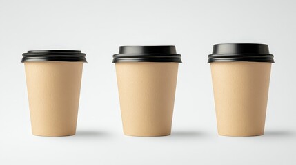 Three blank paper cups with black lids on white background.