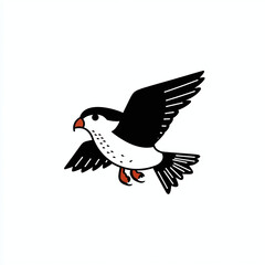 Fototapeta premium Minimalist monochrome logo of a flying crow with extended wings, isolated on white background 