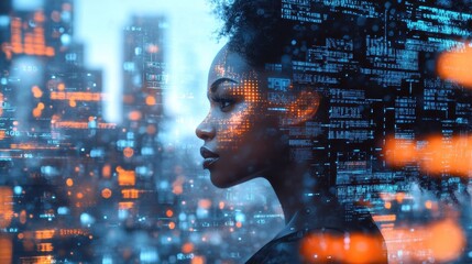 African American IT specialist examining holographic data code for cyber security